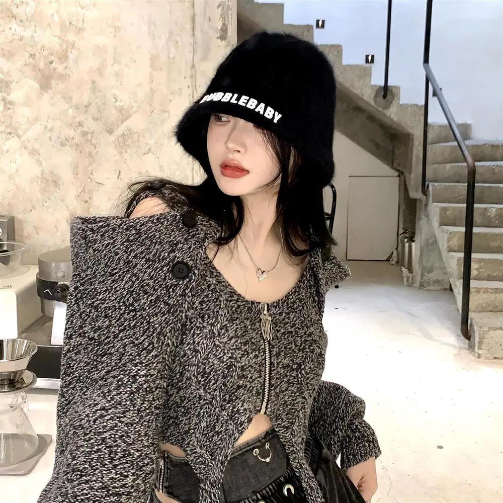 Winter Rabbit Fur Letter Basin Hat Women's Fashion Warm Plush Hat