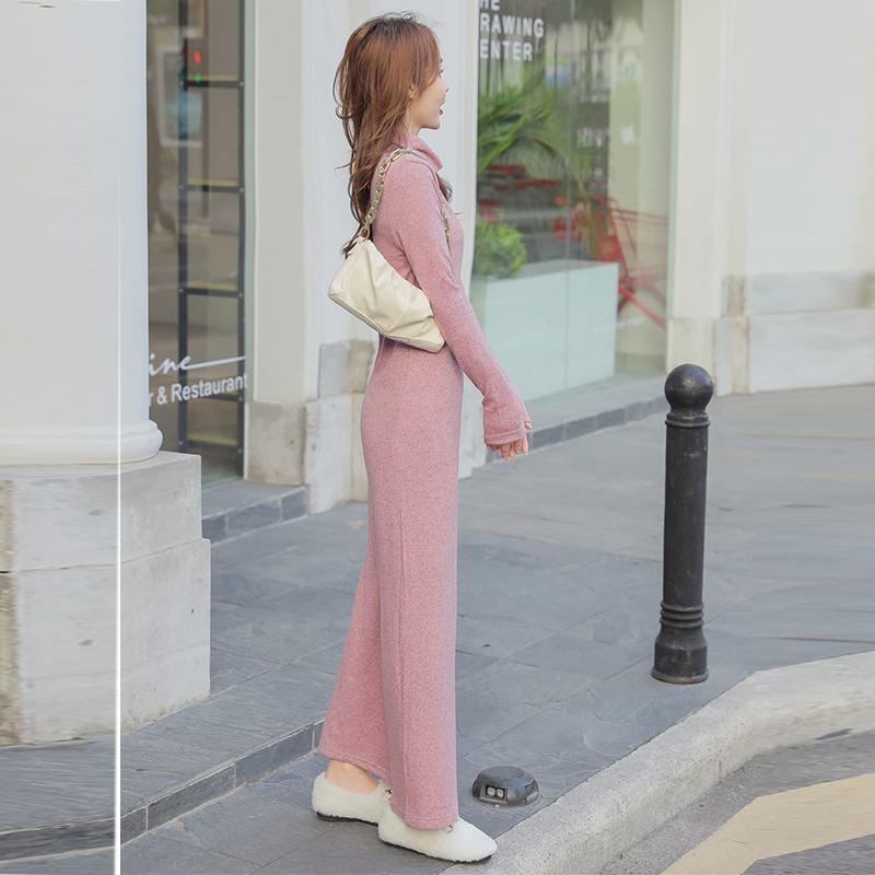 Long Over-the-knee Split Women's Autumn and Winter New Style Dress Temperament All-match High-neck Knitted Long Dress