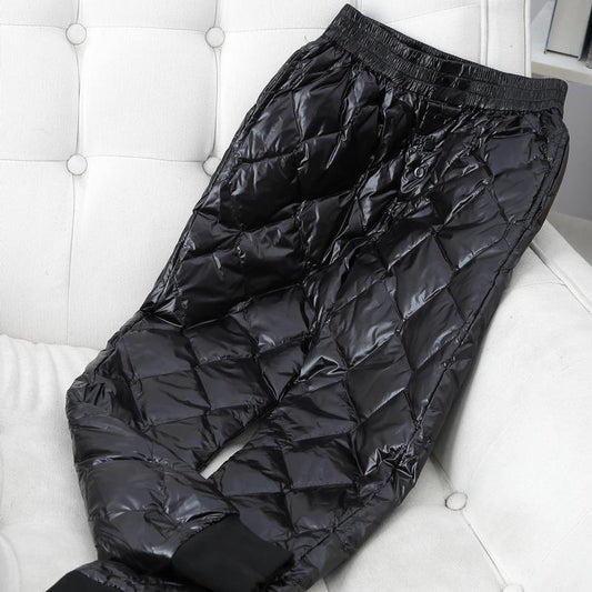 Winter Warm Thick Women Down Pants Casual High Waist Glossy Diamond Patchwork Button Harem Pants for Long Trousers