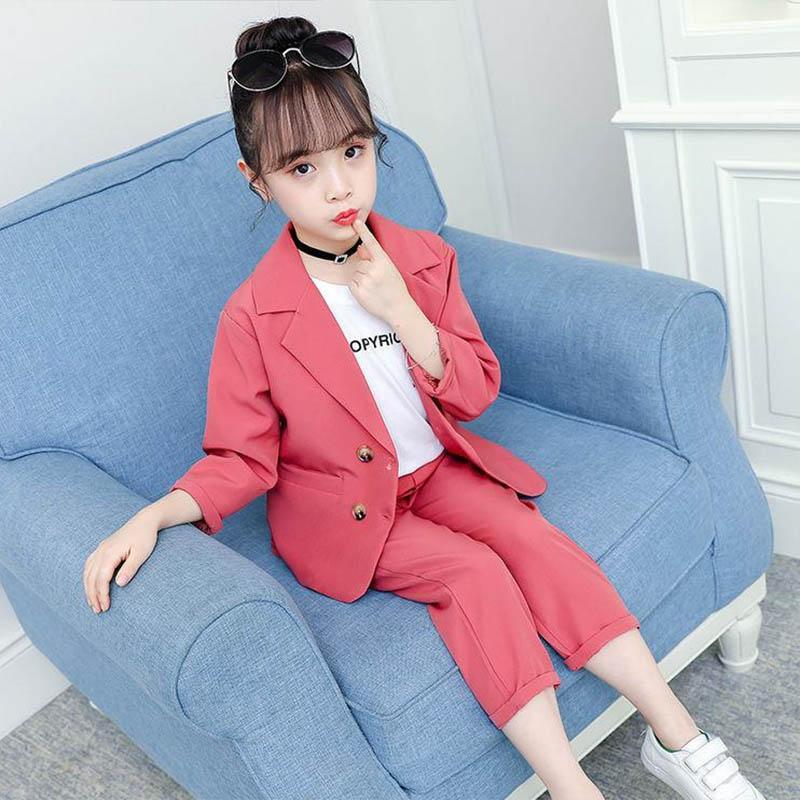 Girls Suit Two-piece Korean Version Spring and Autumn Long-sleeved Jacket Nine-point Pants Solid Color Suit Jacket Trousers Two-piece Set