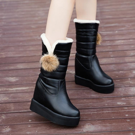 Outdoor Waterproof Snow Boots Women  Thick Non-slip Mid-calf Leather Boots Plus Velvet Warm Cotton Boots Thick-soled Wedge Increase Winter Boots