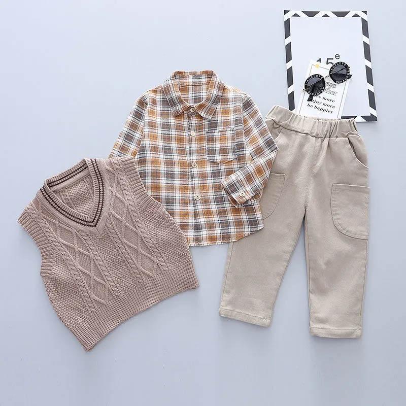 Boys Khaki Vest Spring and Autumn Suit Baby Fashion Sweater Vest Children's Korean Casual Long Sleeve Three-piece Set