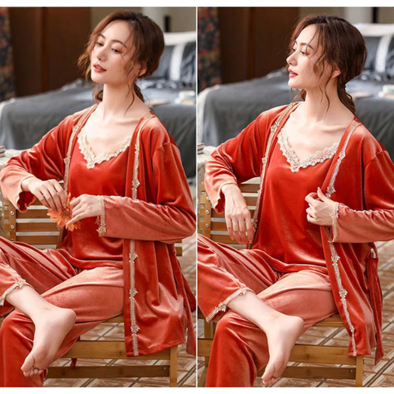 Three-piece Set Women's Sexy Lace Sling Nightgown with Chest Pad Gold Velvet Pajamas Winter Outwear Long Sleeves Night Robe Sleeping Suit