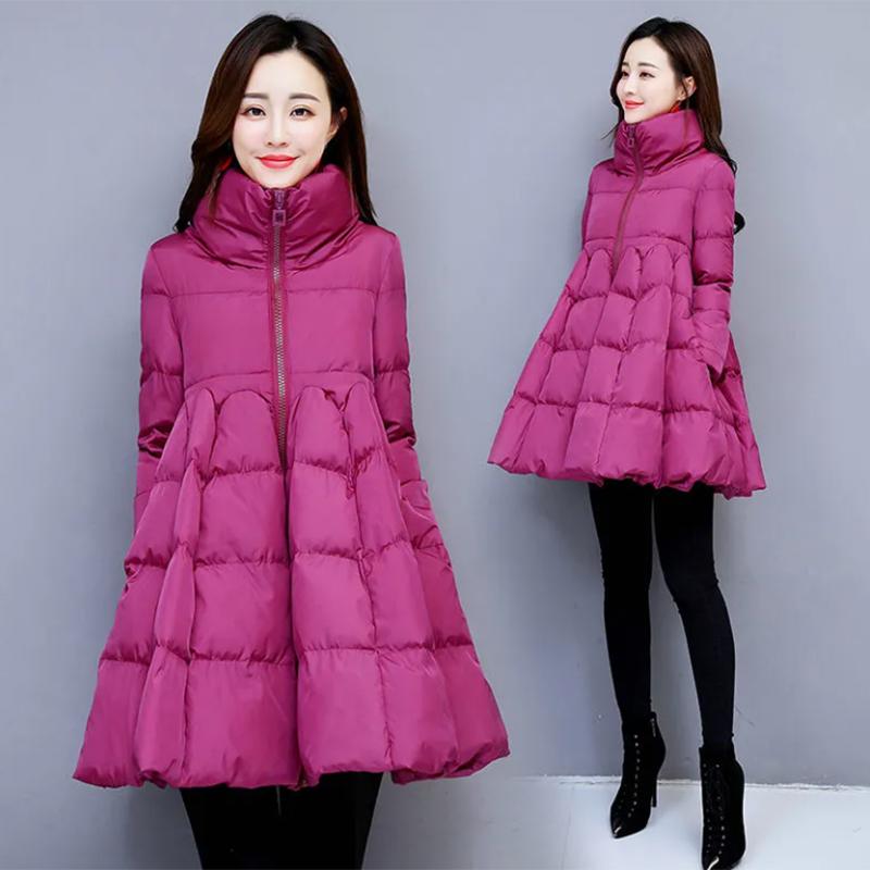 Women's Solid Color Down Jacket Mid-length Down Jacket Winter Korean Style Loose Coat Warm Stand-collar Down Jacket