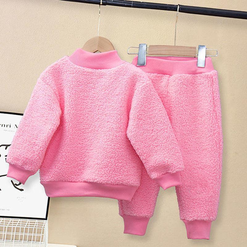 Children's Suit Autumn and Winter Boys and Girls Plus Velvet Suit Casual Two-piece Pure Color Loose Embroidery Sets