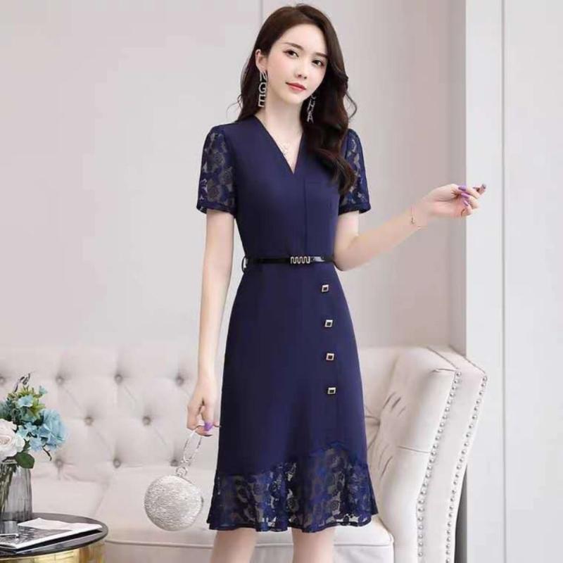 2021 Summer New Dresses Female Large Size Long Western-style Mother Summer Dress Waist Lace Stitching A-line Skirt