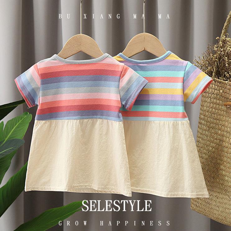 Children Dress Spring Summer O-neck Kids Clothing  Baby Girls Clothing Printing Short Sleeve Fake Two Dress Girl