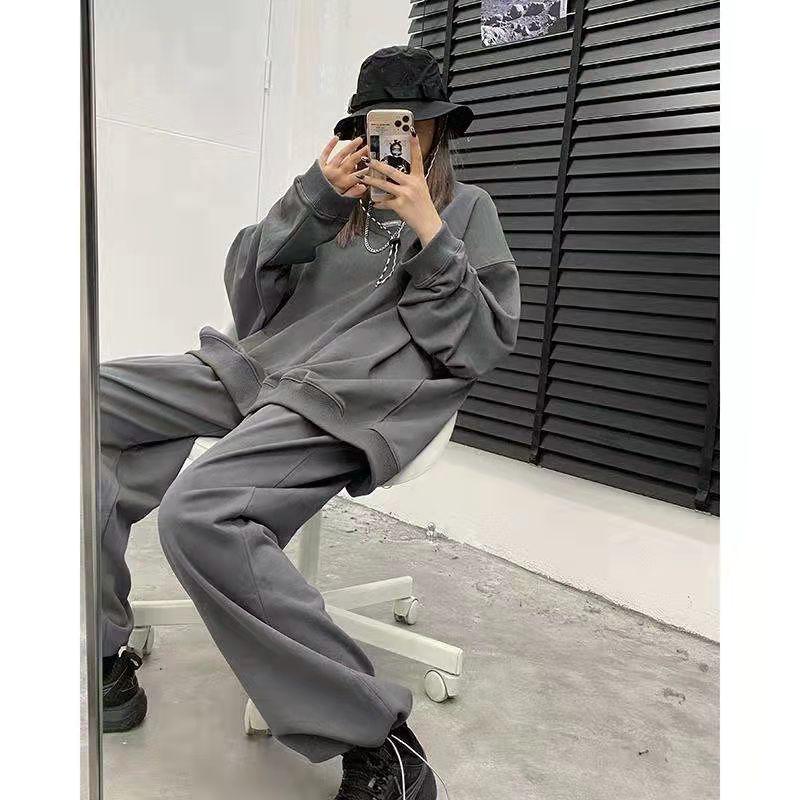 2PCS Ladies Spring and Autumn Grey Sports Suit Black Casual Pants Sweater Loose Two Piece Set Athletic Girl Jogging Suits Track Suit