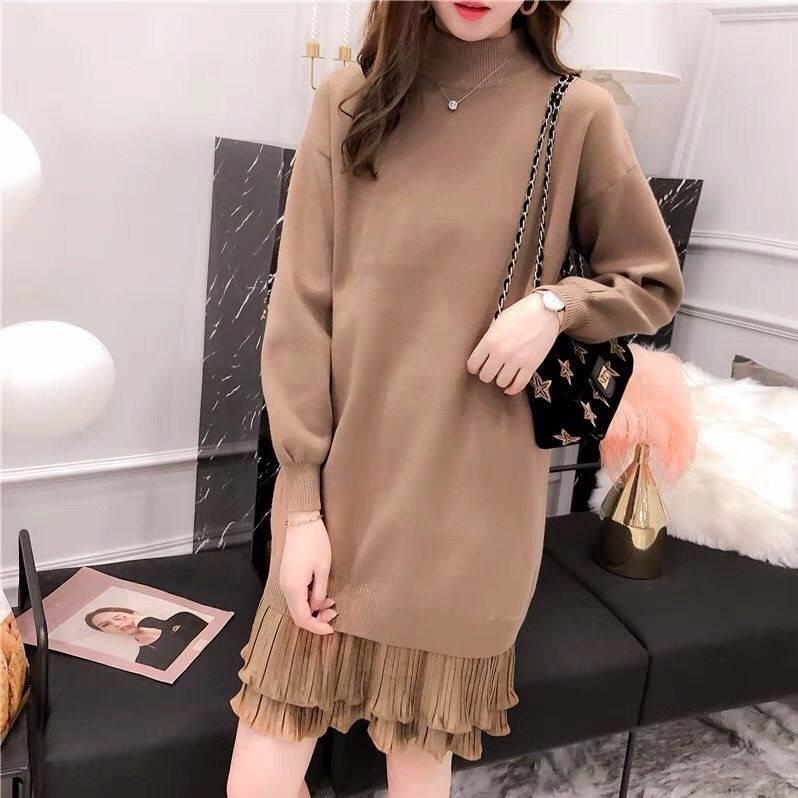 Pofulove Women Pretty Sweater Dress Long Section Turtleneck Ruffles Lace Knitted Skirt Pullover