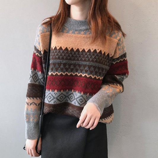 Vintage Geometric Pattern printed Sweater Women Loose Casual Pullover Sweater Top Students All-match Knitwear Outer Wear