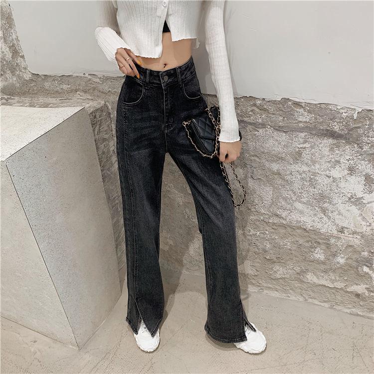 WTEMPO Split Jeans Women's High Loose Casual Washed Denim Straight Long Wide Leg Pants