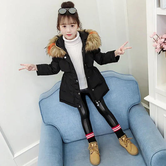 Girls' Warm and Thick Cotton-padded Jacket Mid-length Windproof and Velvet Jacket