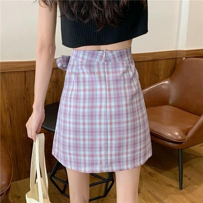 Bow School Girl Women High Waist Pleated Skirt  Plaid A-Line Flare Skater Short Skirt Uniforms Cosplay Sweet Girls