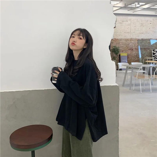 Autumn and Winter Women's Long-sleeved T-shirt Loose Large Size Pure Cotton Solid Color Warm Bottoming Shirt