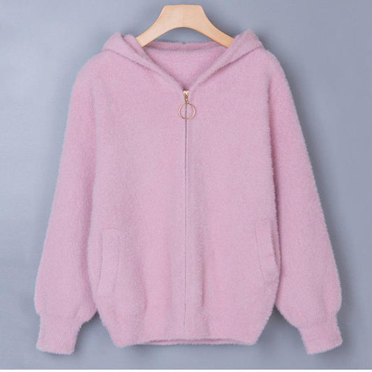 Hooded Solid Color Slim-fit Jacket Autumn and Winter Style Korean Casual Long-sleeved Sweater