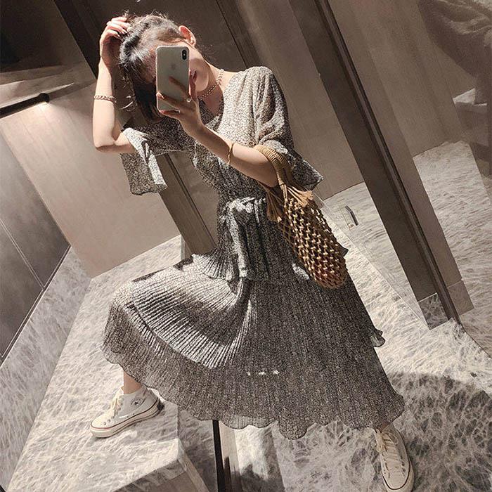 Pofulove S-XL Women V-neck Floral Chiffon Dress Thin Slim A-line Dress Flared Sleeve Long Dresses