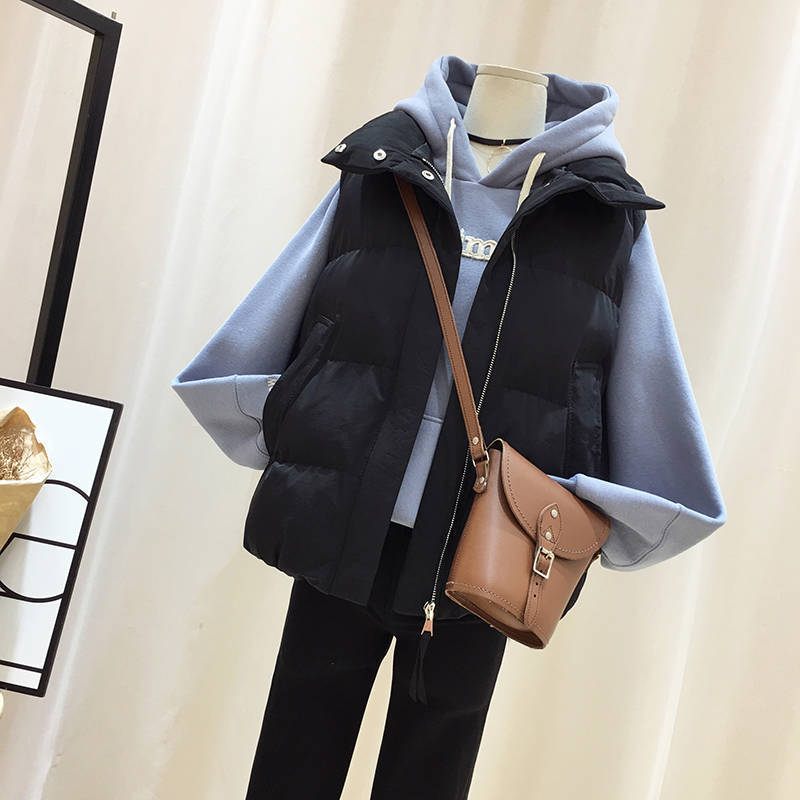 Large Size Stand-up Collar Down Padded Jacket Women's Short Autumn and Winter All-match Loose Waistcoat Waistcoat Warmth Padded Padded Jacket