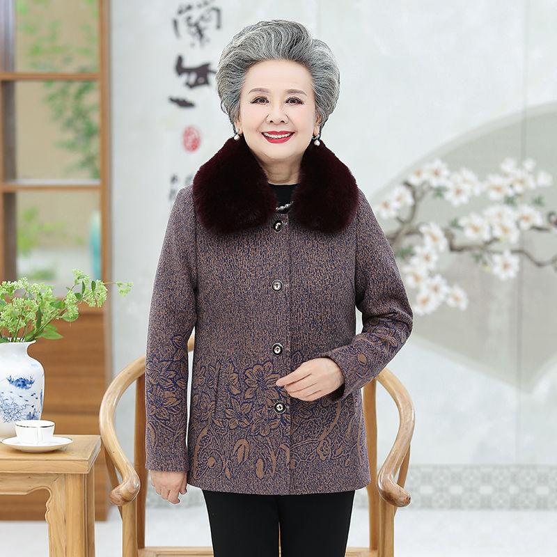 Autumn Winter Clothing Outer Plus Velvet Thick Woolen Clothes Middle-aged and Elderly Cotton-padded Clothes Women