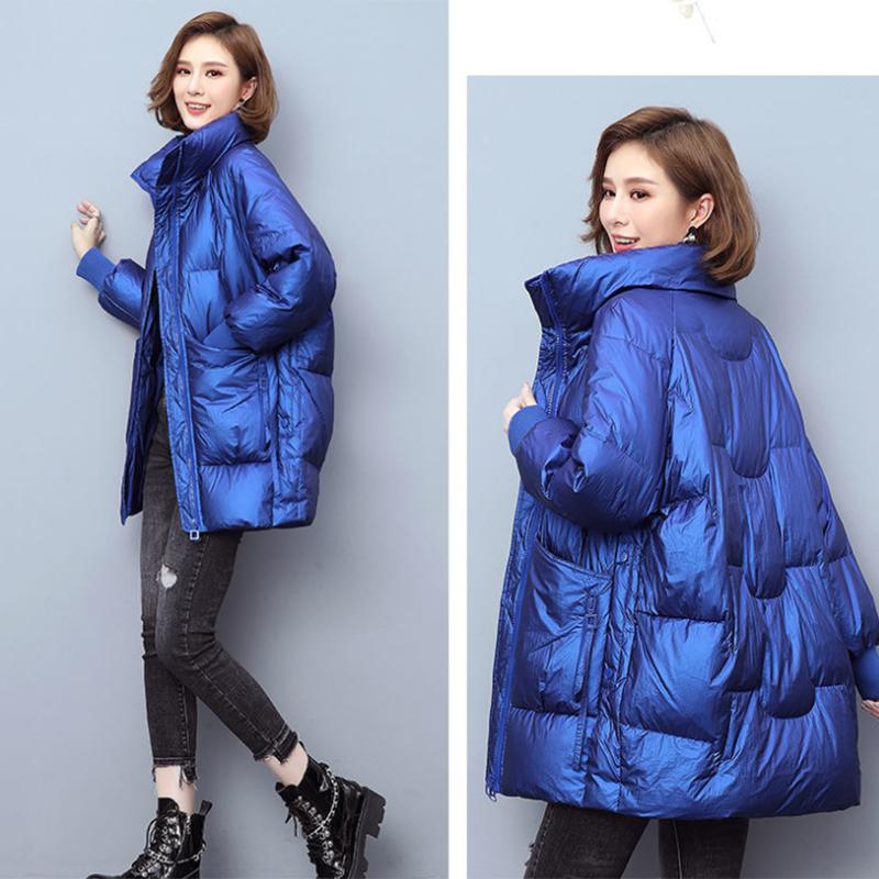 Women's Shiny Mid-length Down Jacket Winter Korean Style Loose Coat Warm Stand-collar Down Jacket