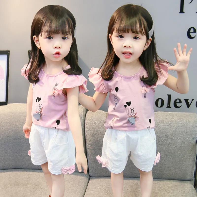 2PCS Children Clothing Set Spring Summer Girls Suits Printing Short Sleeve Tops + Pants Clothing Set