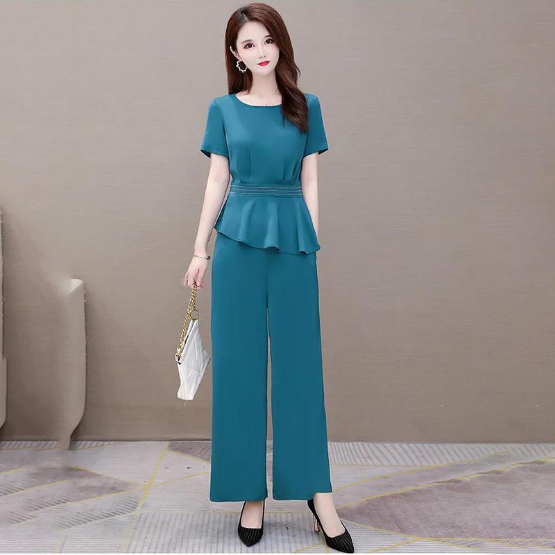 Simple Suit Loose Wide-leg Pants Round Neck Short-sleeved Shirt Two-piece Female Plus Size Slim Casual Women's Elegant Temperament