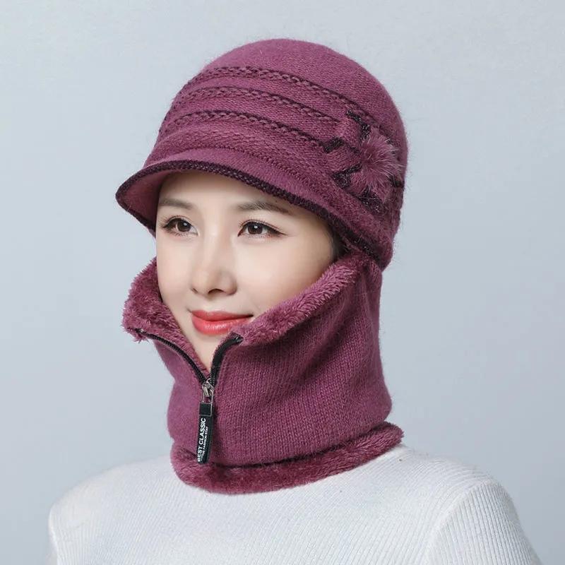 Women's Hat Autumn and Winter Floral Face Ear Protection Wool One-piece Scarf Mask Hat Plus Velvet Thickening Cycling Windproof Warm Mother Hat