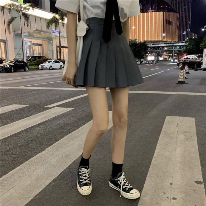 Women High Waist Thin Pleated Skirt School Uniforms Anti-lightening Solid Color Mini A-line Skirt