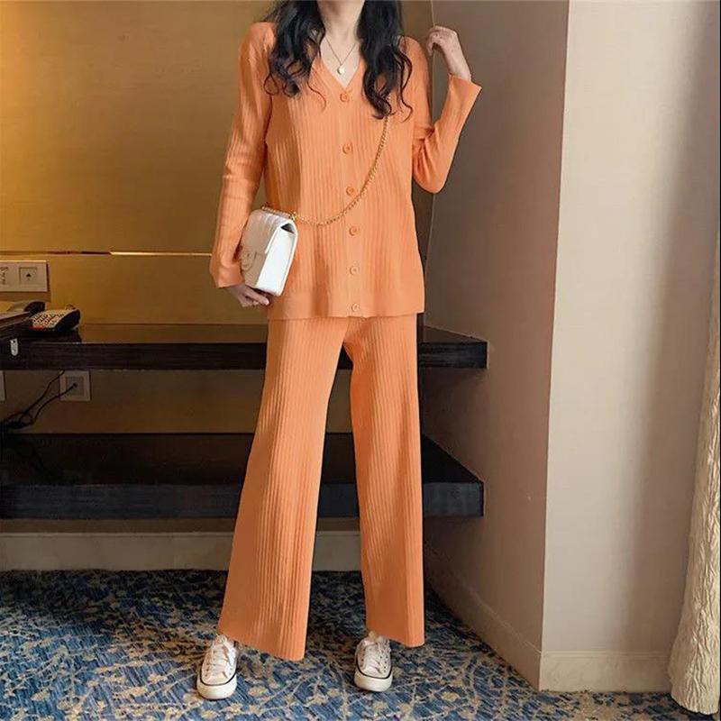 2021 Spring and Autumn Knitted Suit V-neck Cardigan Jacket + Casual Straight Wide Leg Pants Two-piece Female