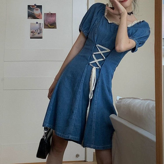 Female Denim Elegant Holiday Dress Lace Up Square Neck Bubble Sleeve Graceful Vintage Party Short Dress