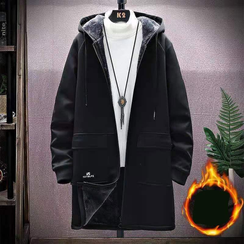 Windbreaker Men's Autumn and Winter Jacket Plus Velvet Thick Mid-length Korean Style Trendy Handsome One Set