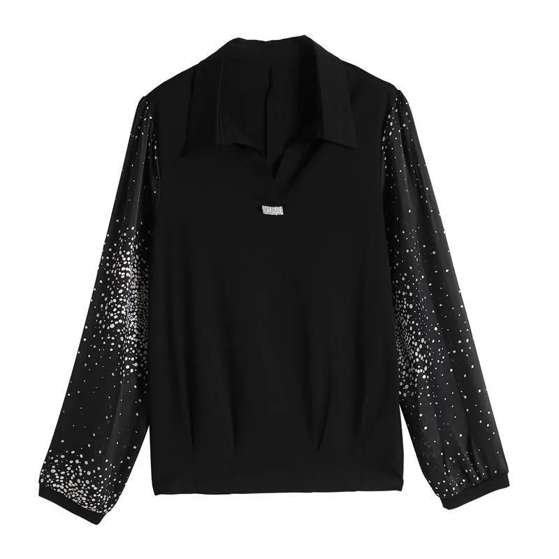 Women Spring Autumn Style Chiffon Blouses TShirts Lady Casual Long Sleeve V-Neck Polka Dot Printed Tops Pullover