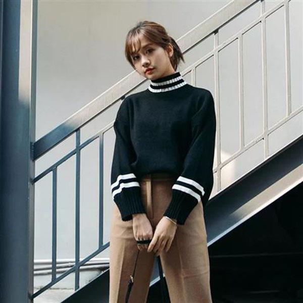 Autumn and Winter Half Turtleneck Sweater Loose Pullover Thick Coat Striped Pattern All-match Female Bottoming Shirt