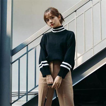 Autumn and Winter Half Turtleneck Sweater Loose Pullover Thick Coat Striped Pattern All-match Female Bottoming Shirt