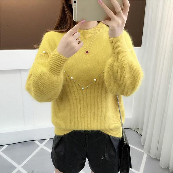 Half Turtleneck Beaded Sweater Autumn and Winter Thick Solid Color Bottoming Shirt Korean Loose Long-sleeved Sweater