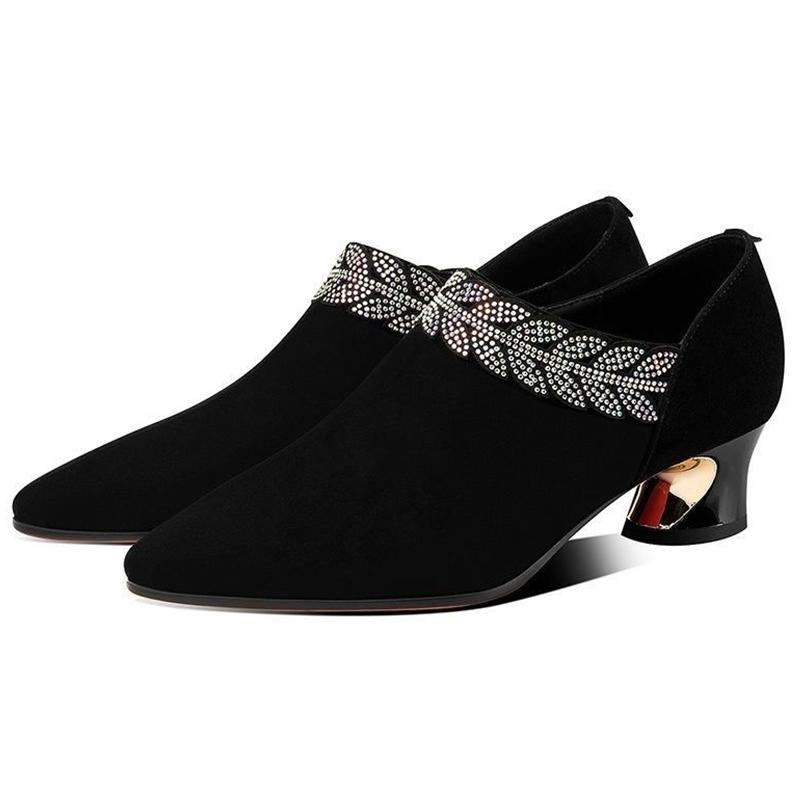 Women's Shoes Rhinestone Pointed Toe Mid-heel Chunky Heel Shoes Women's Matte Black Deep-mouth Shoes Women's High Heels