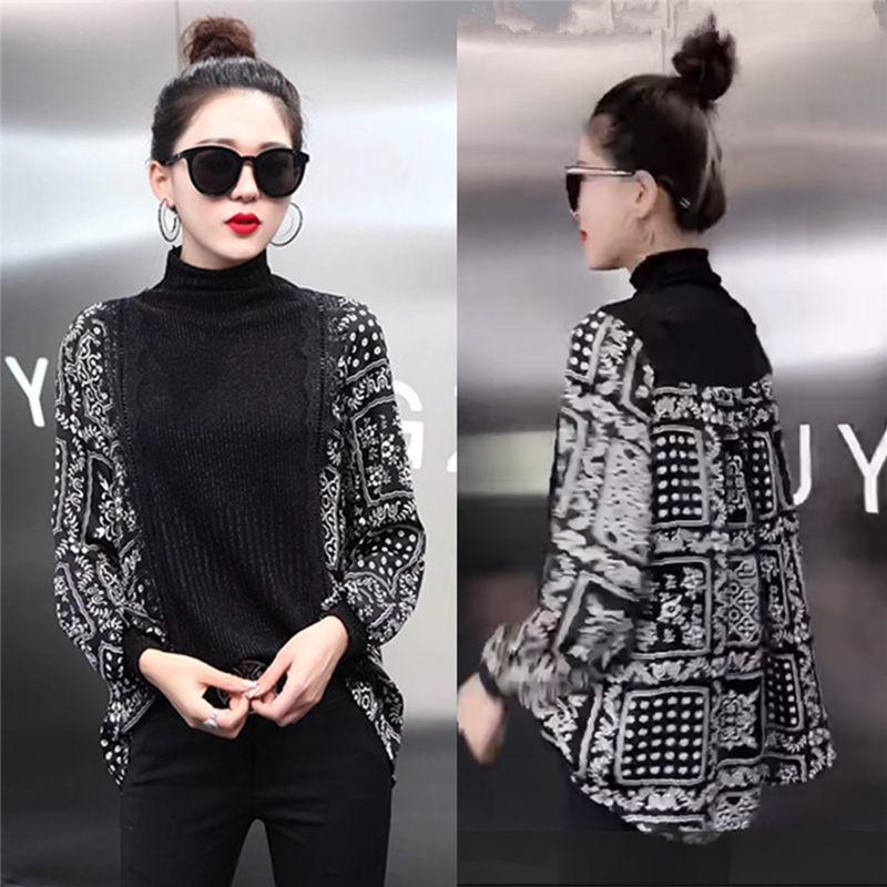 Spring Autumn Vintage Printed Sweater Women Loose Korean Knitwear Top High Neck Pullover Sweater