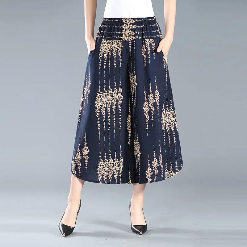 Women Summer Large Size Printed Dance Culottes Loose High Waist Vintage Elastic Casual Cropped Pants