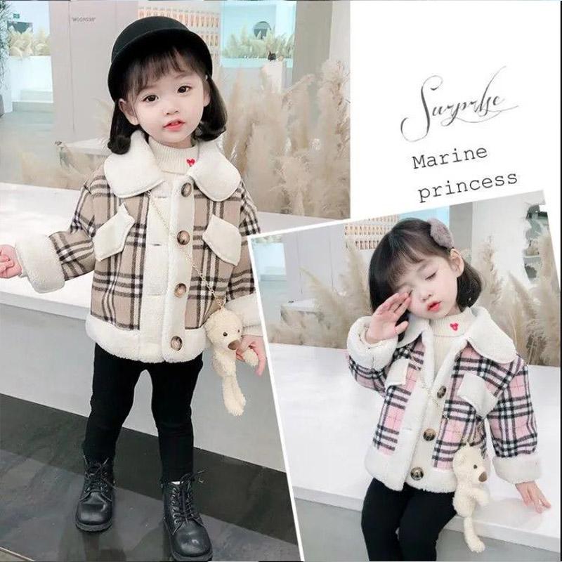 Girls' Woolen Plaid Bear Coat Autumn and Winter Thickened Western Style Blouse Girls Children's Fashion All-match Cotton Jacket