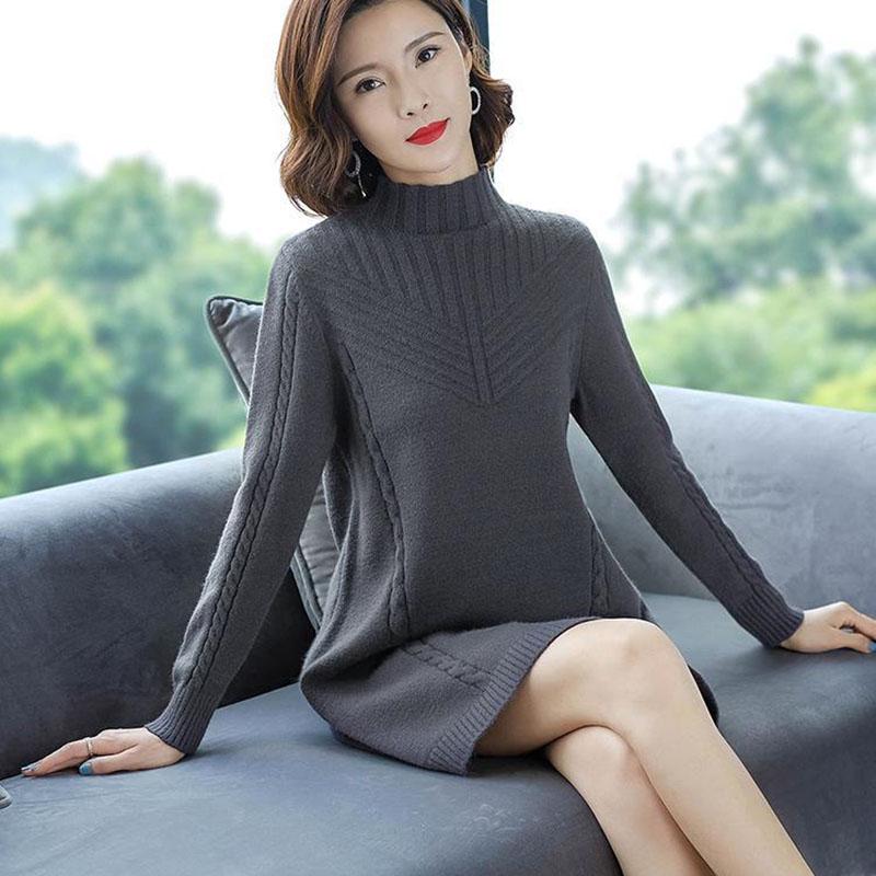 Autumn and Winter Mid-length Sweater Loose Long-sleeved Knitted Bottoming Shirt All-match Half High Collar Dress