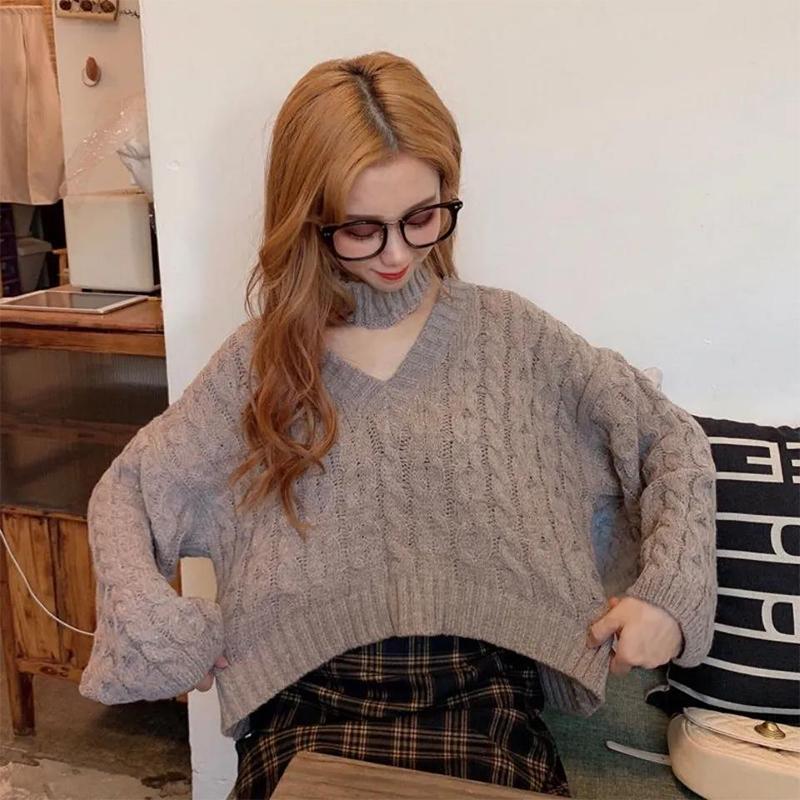 Sweater Design Knit Sweater Top Women's Autumn Winter New Short V-neck Halter Loose Knitted Sweater