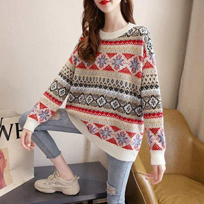 Autumn and Winter Retro Geometric Pattern Sweater Loose Casual Jacquard Top Pure Cute Girl Sweater