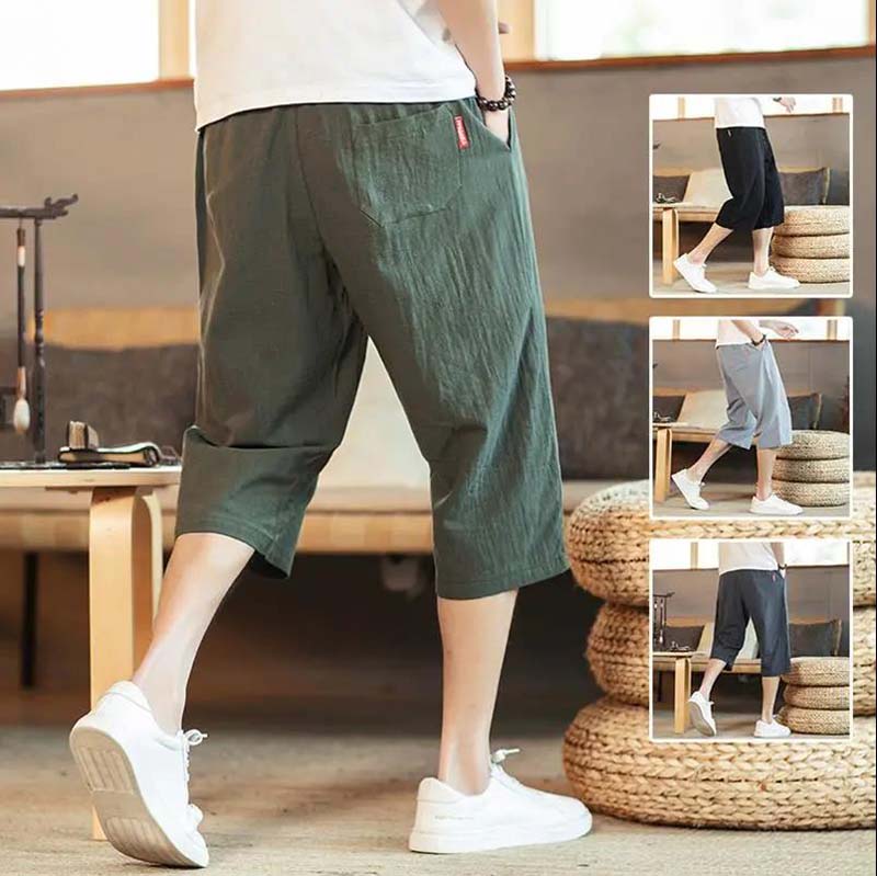 Cropped Pants Men's Linen Shorts Summer Thin Casual Pants Loose Large Size Cotton and Linen Beach Pants