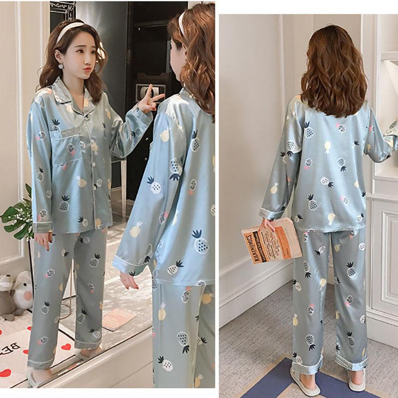 Spring and Autumn Ice Silk Long-sleeved Thin Women's Pajamas Sexy Korean Style Cute Spring and Summer Plus Size Two-piece Suit