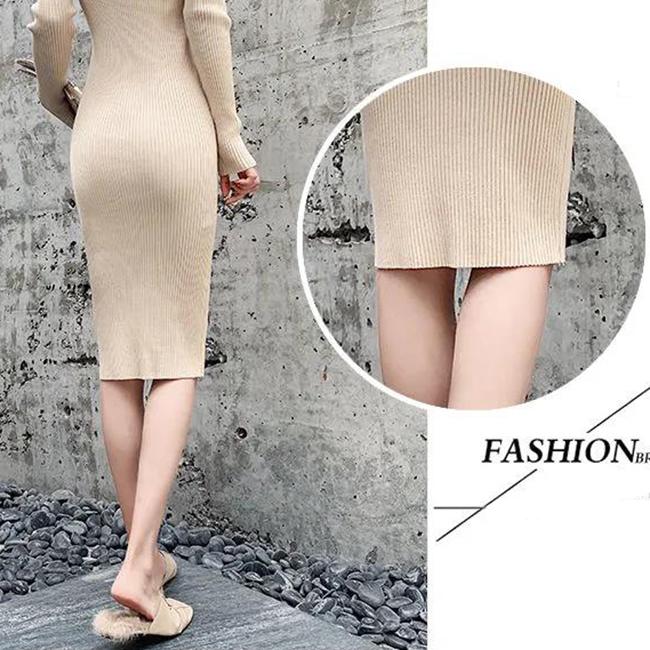 Winter Mercerized Cotton Temperament Goddess Fan Sweater Knit Dress V-neck Long-sleeved Slim Slimming Black Hip Skirt