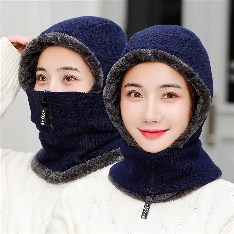 Mother Warm Winter Knit Beanie Fur Pom Hat Zipper Scarf Cap Woolen Hat Women Winter Thickened Riding Windproof Mask Bib Integrated Scarf Hats Set