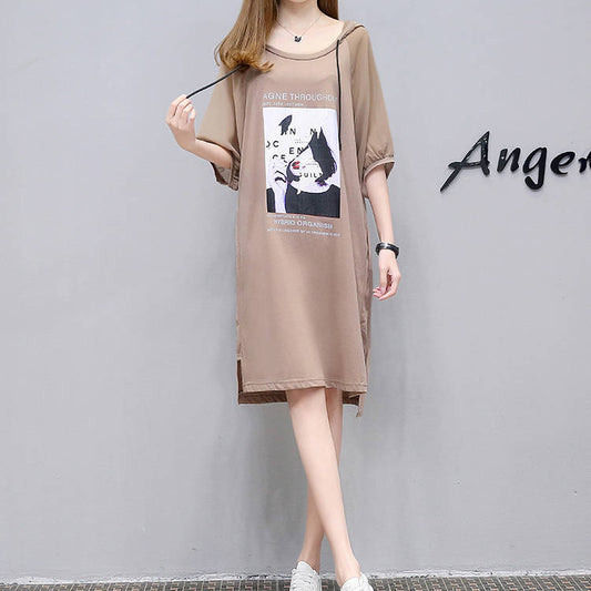 Women's Large Loose Letter Printed Sweater Casual Dress Summer Hooded Medium Length Casual Streetwear Dress