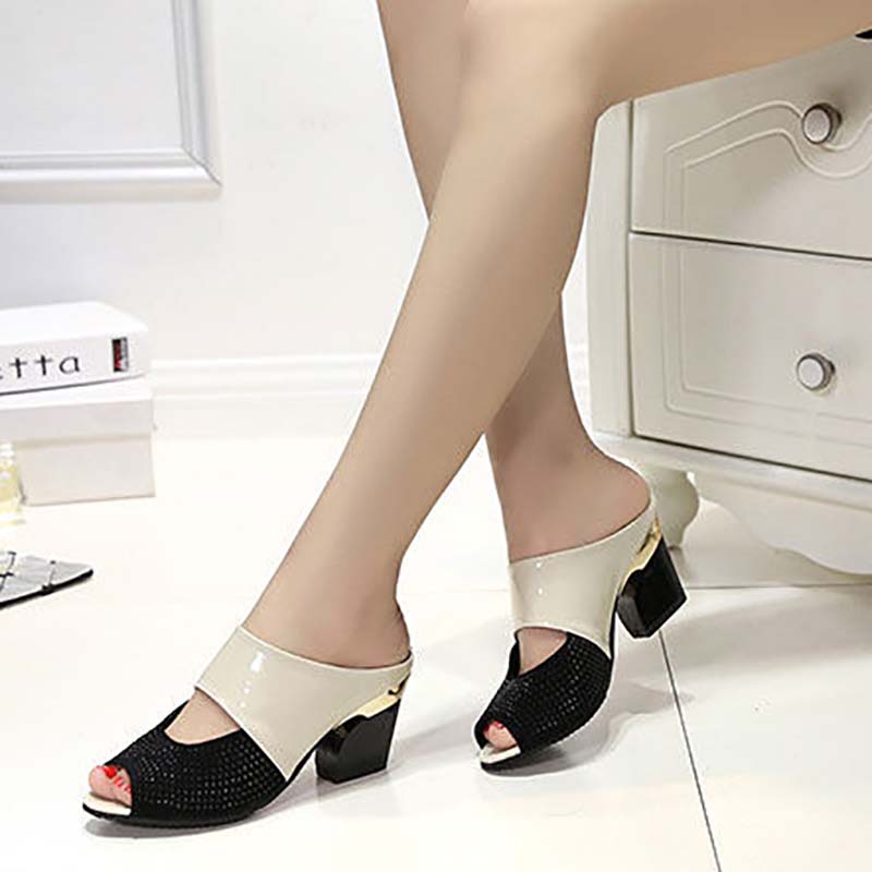 High Heel Slippers Women Summer Mid-heel Fish Mouth Slippers Thick Heel Sandals Patent Leather Rhinestone Women Sandals