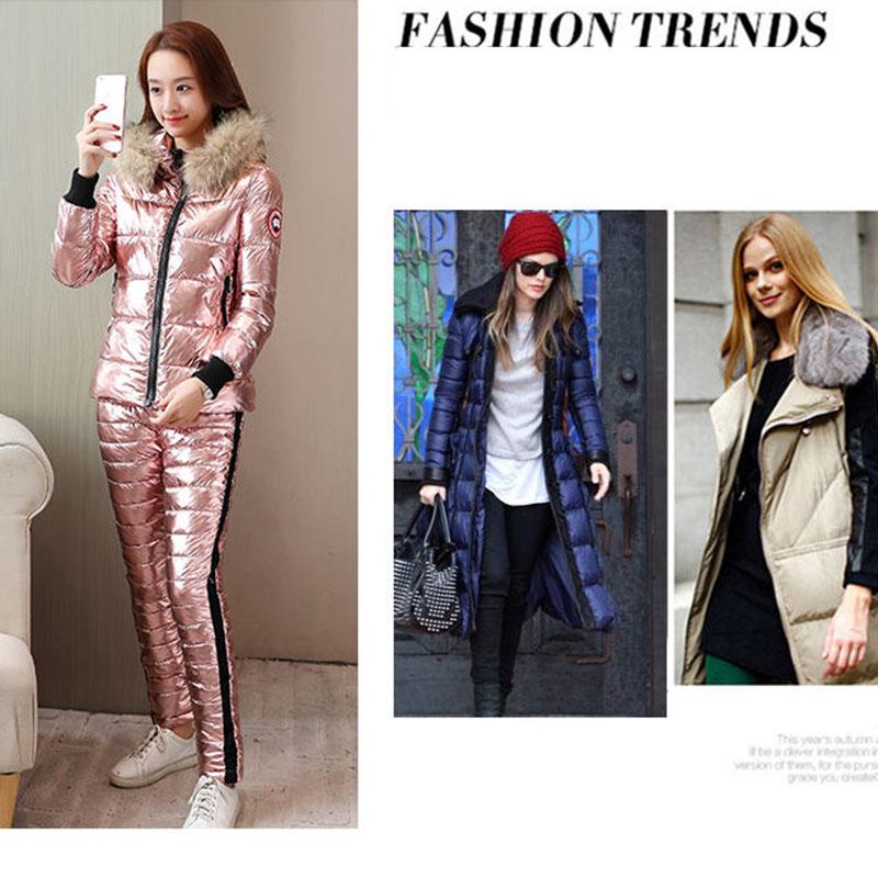 2pcs/set Winter Parka Set Women Short Hooded Shiny Jacket + Cotton Pant Two-piece Set  Warm Coat  Outwear