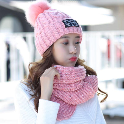 Women's Winter Hat Fur PomPoms Ball Knitted Hats Scarf Hat Set Winter Women Beanie Hat Skullies Cap