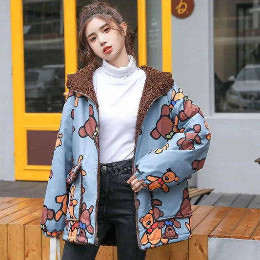 Double-sided Printed Women's Cotton-padded Jacket Spring Autumn Student Jacket Korean Hooded Bear Lamb Wool Cotton Jacket